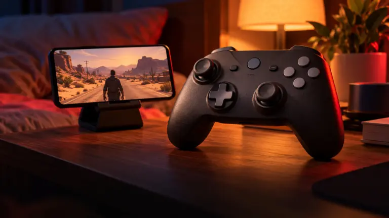 Black wireless gamepad beside a phone on a stand on a bedside table at night