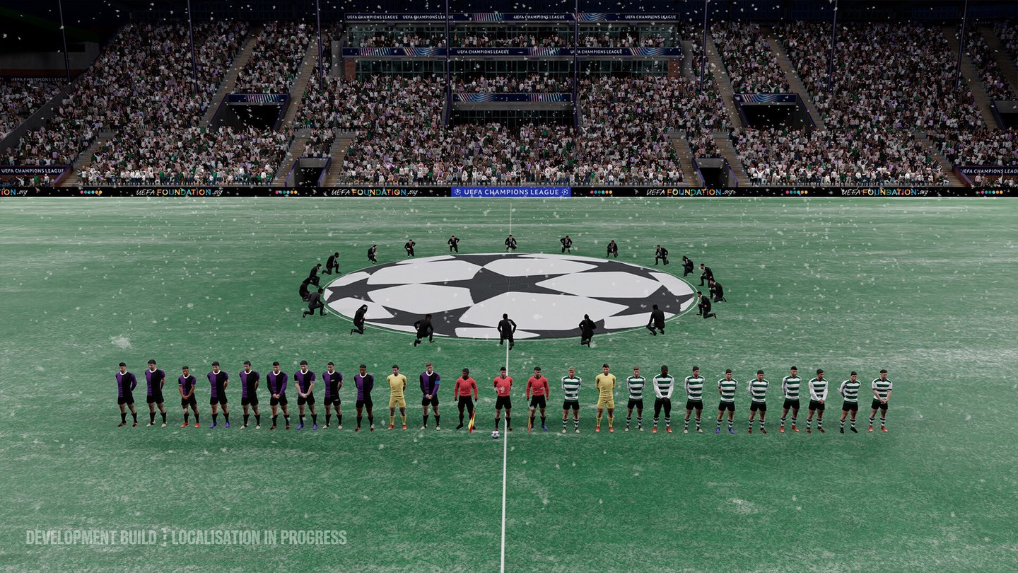 Football Manager 27: two teams line up on a pitch before a European night