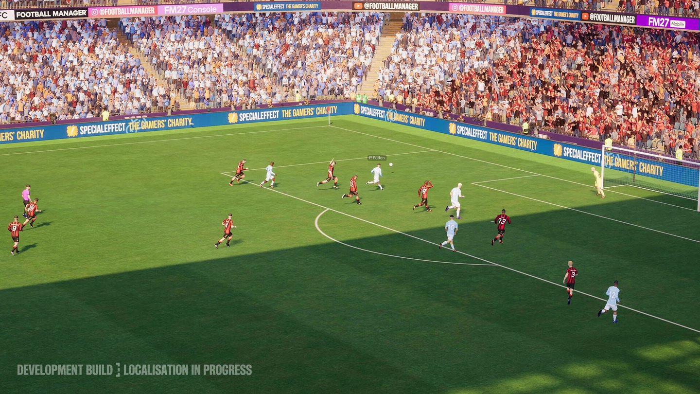 Football Manager 27 match engine: a 3D match view in a full stadium