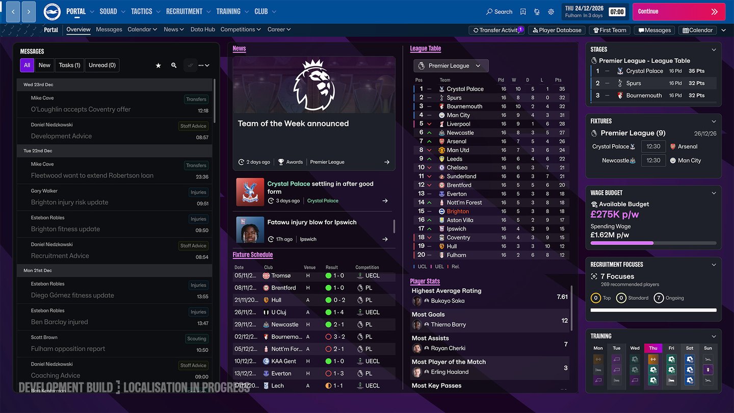 Football Manager 27 inbox with the league table and news feed