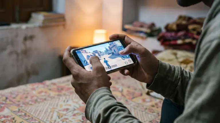 Hands holding a budget Android phone sideways, playing a mobile shooter on a bed at night
