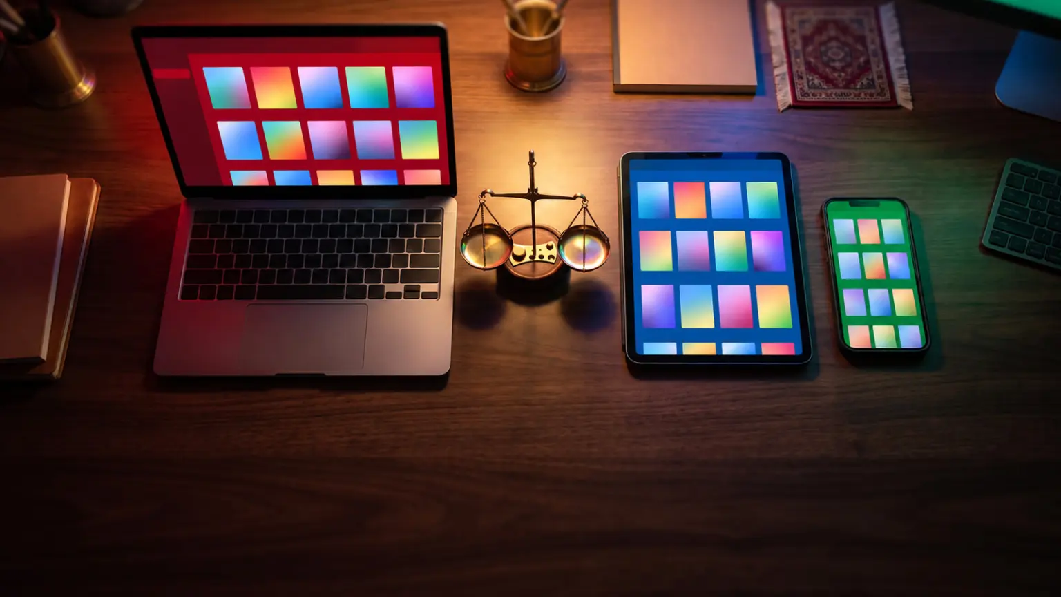 Laptop, tablet and phone side by side showing colourful store tiles, with a small balance scale between them