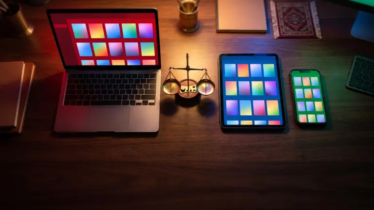 Laptop, tablet and phone side by side showing colourful store tiles, with a small balance scale between them