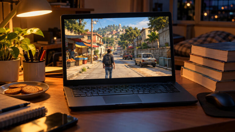 Old budget laptop showing an open city street game on a hostel desk at night