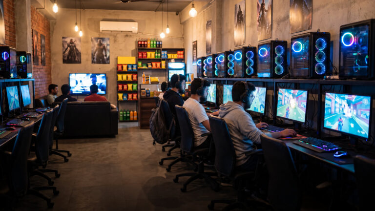 Indian gaming cafe with a row of glowing PCs, players seen from behind and a sofa corner at the back