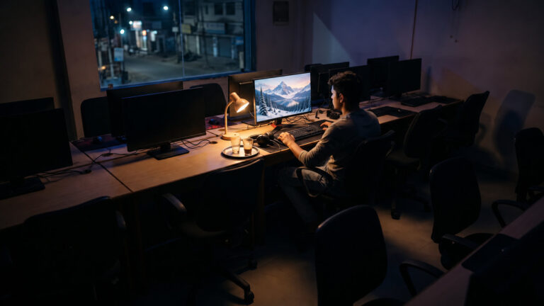 Near empty gaming cafe late at night with one lit PC station and a player seen from behind