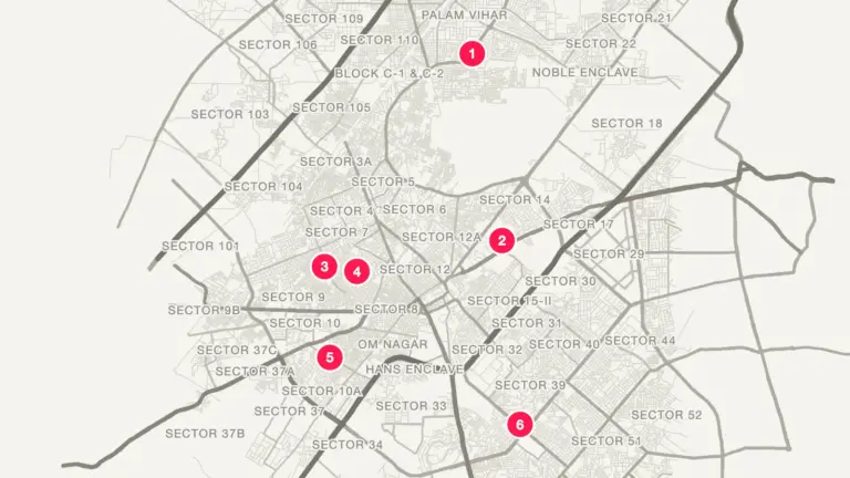 Street map of Gurgaon with the six gaming cafes in this guide numbered north to south