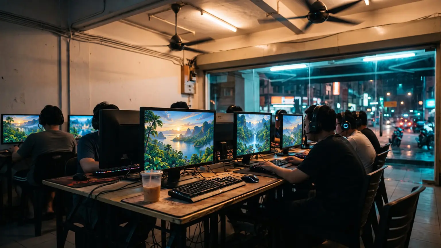 Kuala Lumpur style cyber cafe with PCs, ceiling fans and rain on the glass front at evening