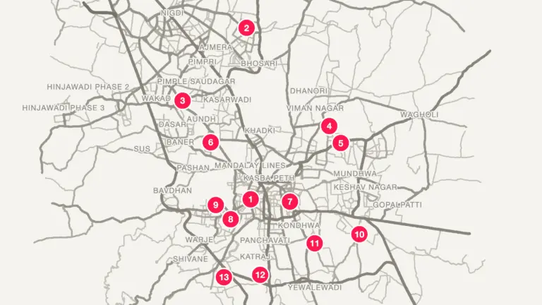 Street map of Pune with the 13 gaming cafes in this guide numbered, Rapid Rounds first
