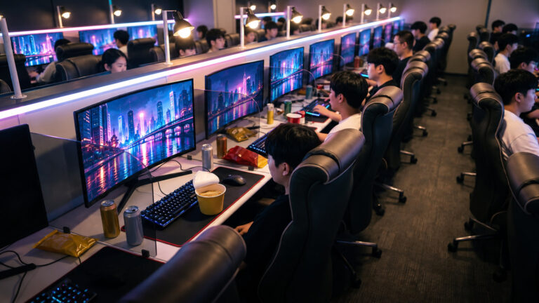 Seoul PC bang aisle with high backed chairs, curved monitors and a cup of ramen at a booth
