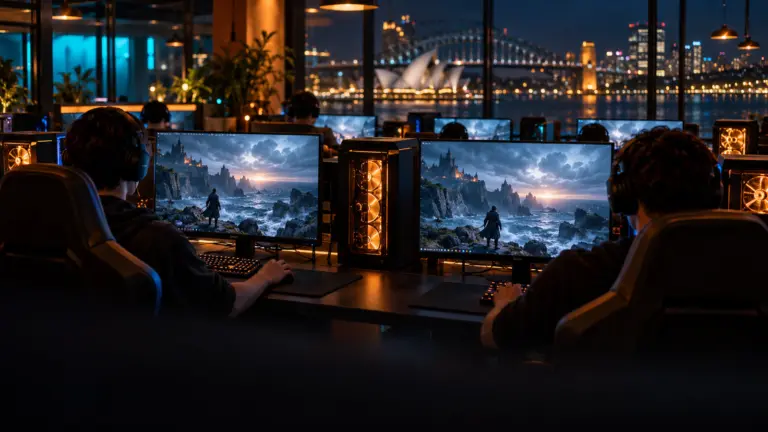 Gaming cafe PC row by tall windows with harbour city lights at night