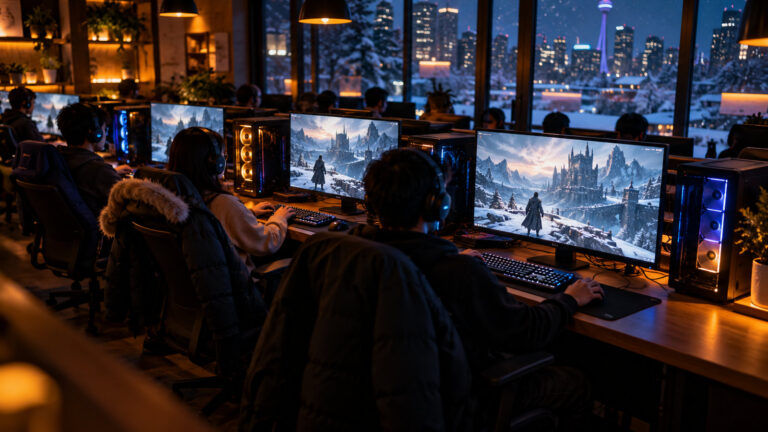 Gaming cafe PC row with snow falling past street windows on a winter night