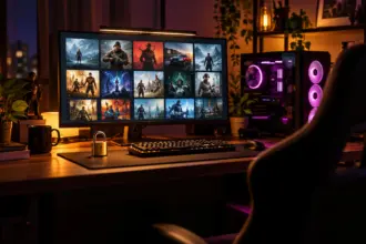 Monitor showing a grid of game covers beside a PC tower, a brass padlock on the desk, seen from behind a chair