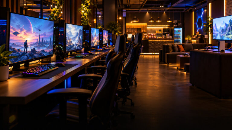 Row of PC stations with gaming chairs inside a premium gaming lounge at night
