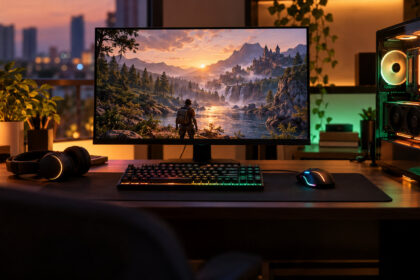 Monitor, compact keyboard, mouse and headset on a wooden desk with a PC tower at dusk