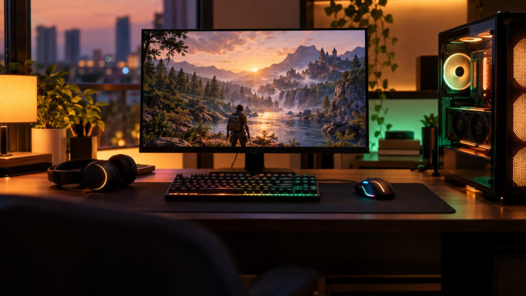 Monitor, compact keyboard, mouse and headset on a wooden desk with a PC tower at dusk