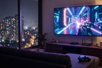 Large TV streaming a sci fi game in a high rise living room at night, with a router and controller nearby