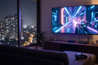 Large TV streaming a sci fi game in a high rise living room at night, with a router and controller nearby