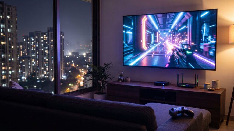 Large TV streaming a sci fi game in a high rise living room at night, with a router and controller nearby