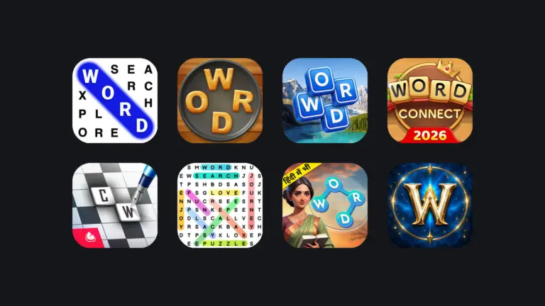 App icons of seven offline word games for Android and the honourable mention, War of Words