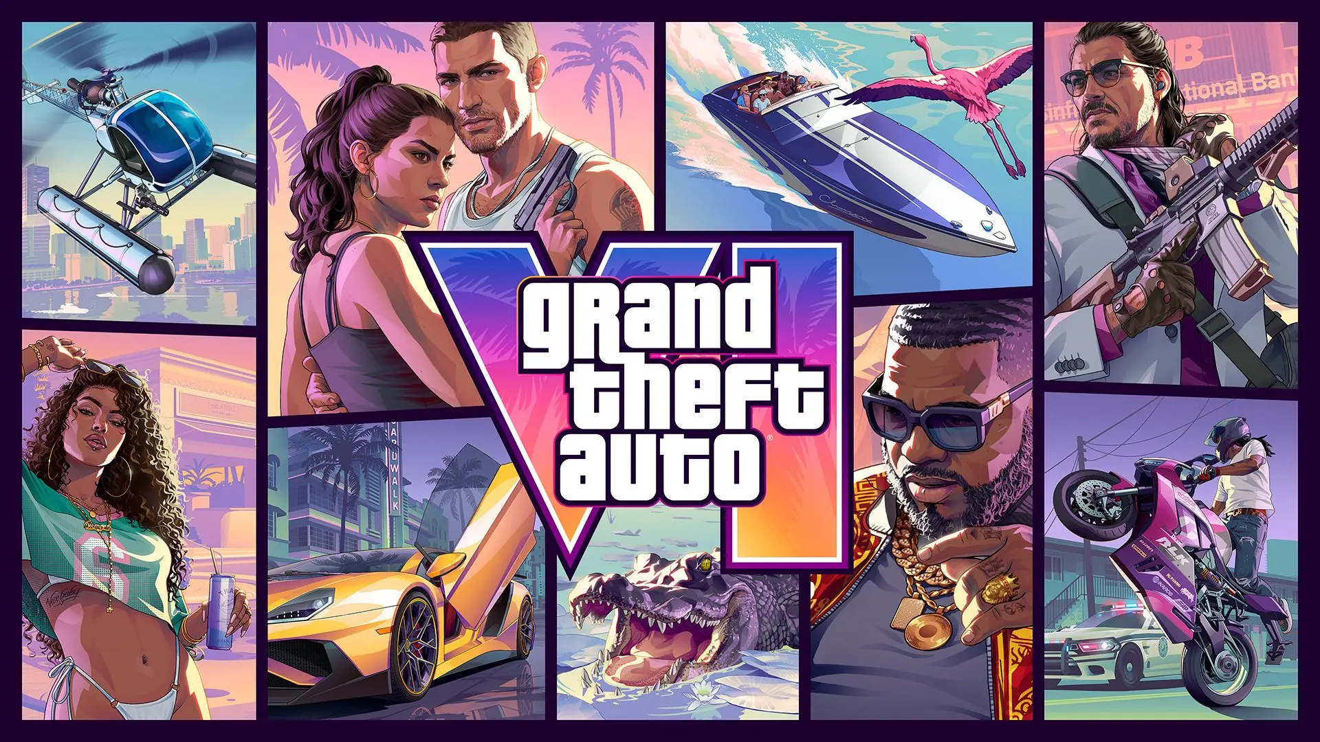 Official Grand Theft Auto VI key art with characters around the logo