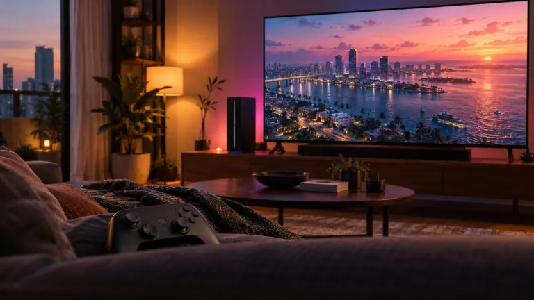 Living room with a console and a TV showing a sunny coastal city at dusk