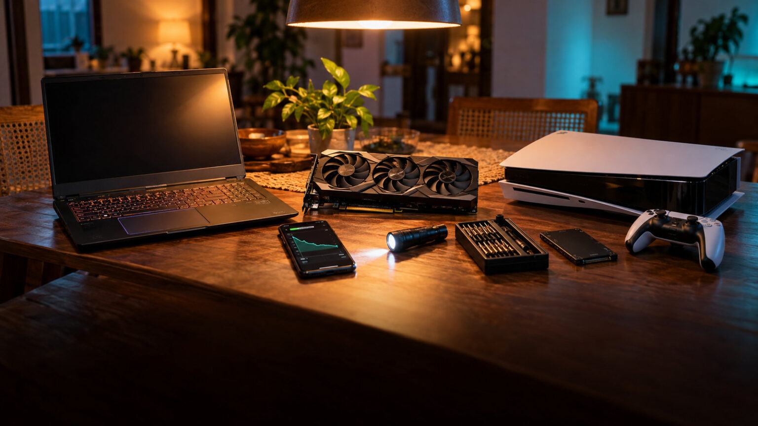 Used gaming laptop, graphics card and console laid out on a dining table for inspection with a torch