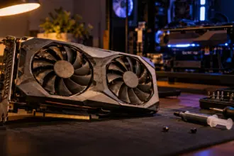 Used graphics card under a desk lamp with dusty fans, an open test bench PC glowing behind it