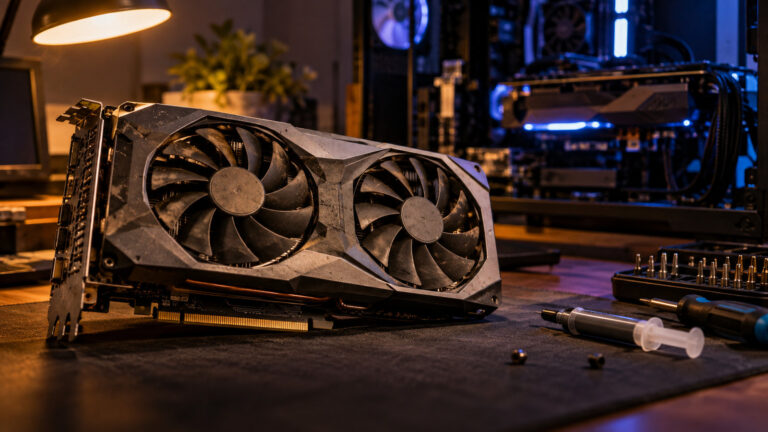 Used graphics card under a desk lamp with dusty fans, an open test bench PC glowing behind it