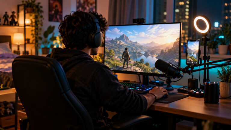 Young Indian gamer streaming from a home desk with a webcam, microphone and ring light at night
