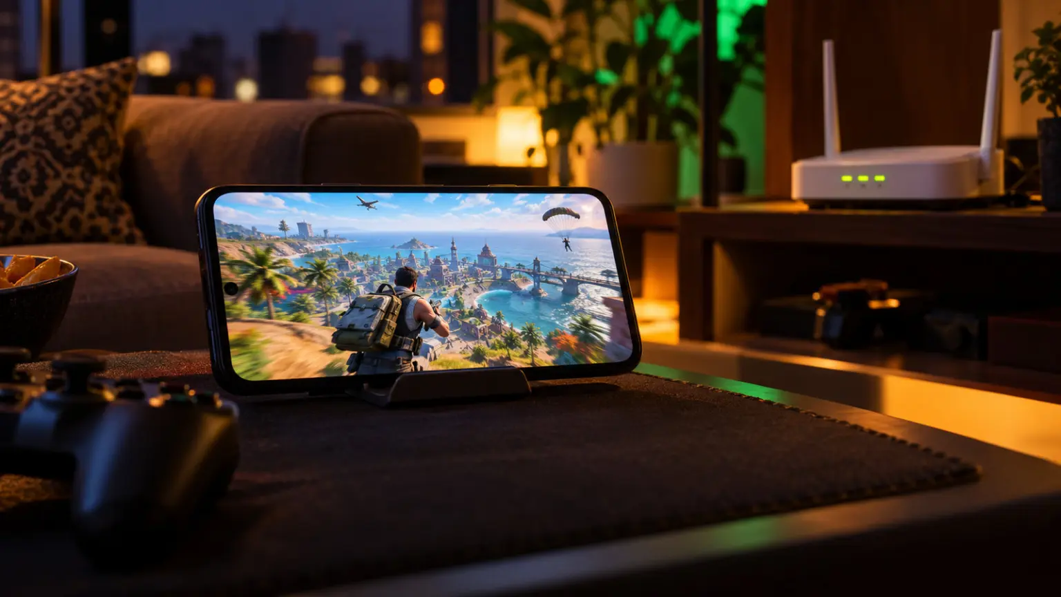 Smartphone on a stand showing a battle game with a WiFi router blinking on a shelf behind
