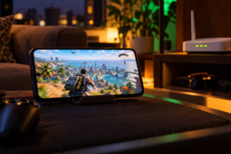 Smartphone on a stand showing a battle game with a WiFi router blinking on a shelf behind