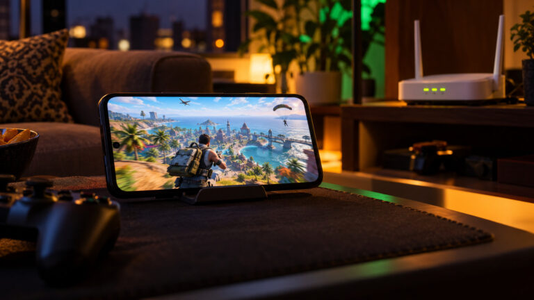 Smartphone on a stand showing a battle game with a WiFi router blinking on a shelf behind