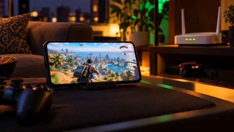 Smartphone on a stand showing a battle game with a WiFi router blinking on a shelf behind