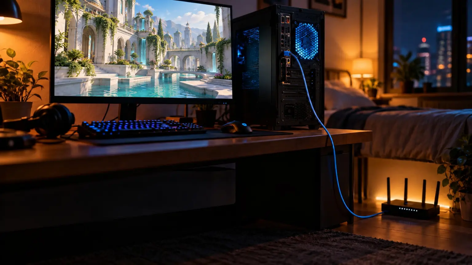 How to Reduce Ping in Valorant India (2026): ISP Fix and DNS Guide 11 Gaming PC with a blue ethernet cable running to a router on the floor in a bedroom at night