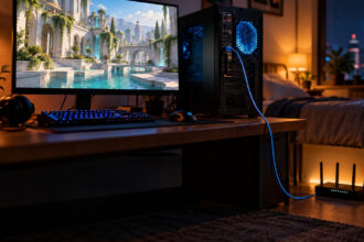 Gaming PC with a blue ethernet cable running to a router on the floor in a bedroom at night