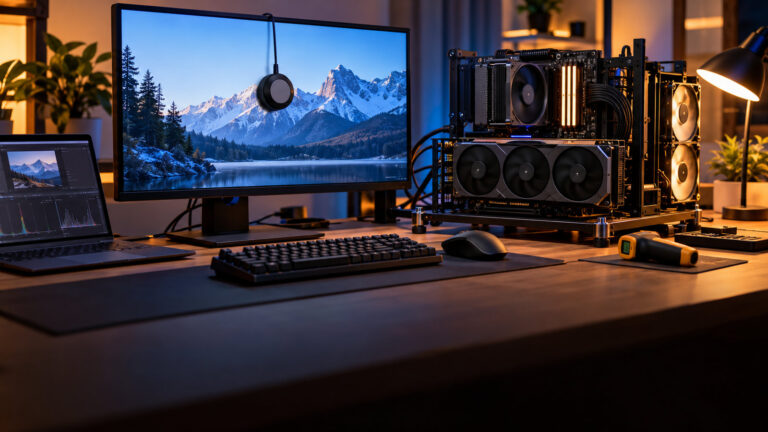 Test bench PC, a monitor with a calibration puck, a laptop and peripherals laid out on a workbench