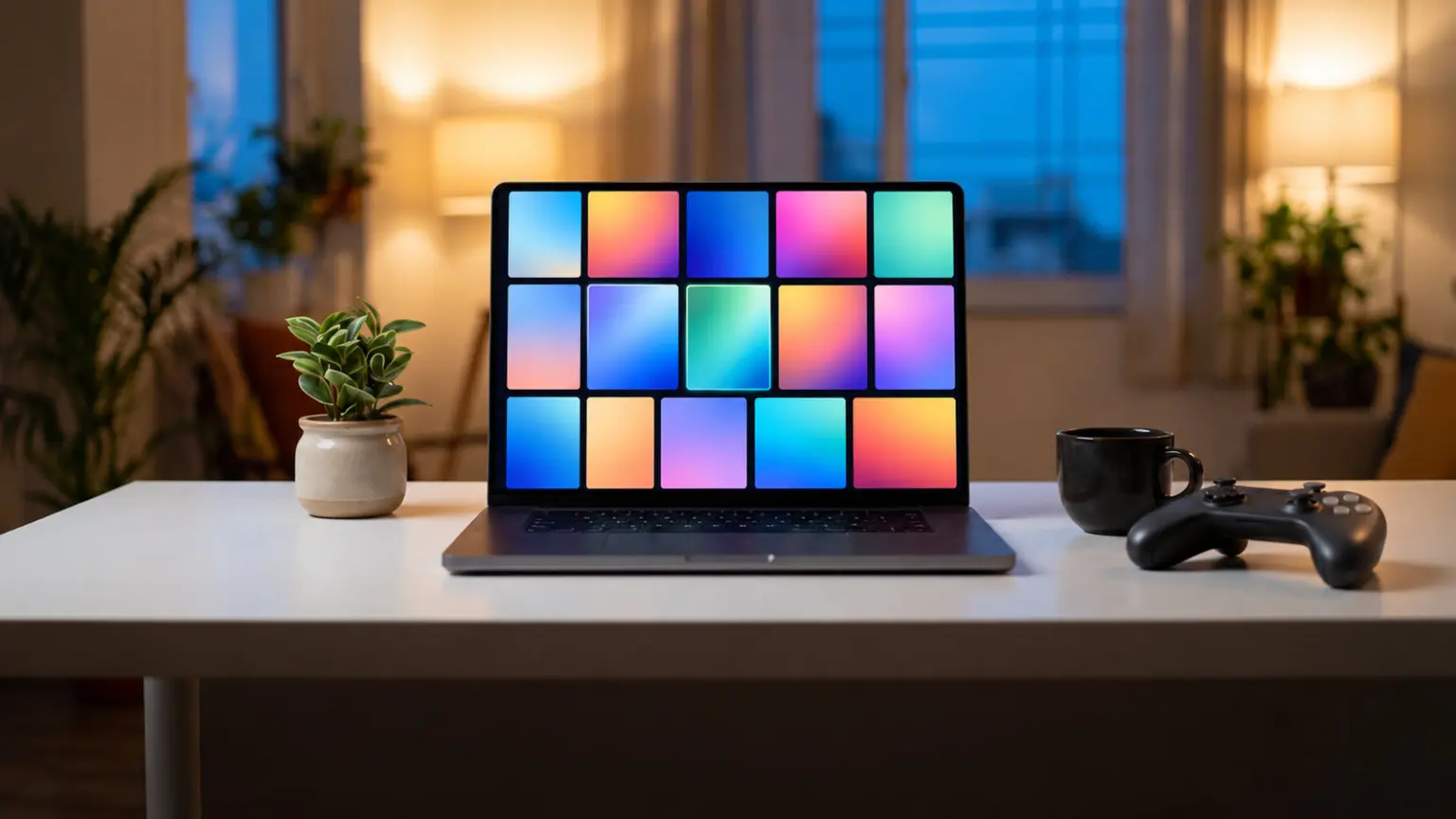 Instant Gaming Review (2026): Is It Legit and Safe in India? 11 Laptop on a clean white desk showing a neat grid of colourful store tiles, a plant and a controller nearby
