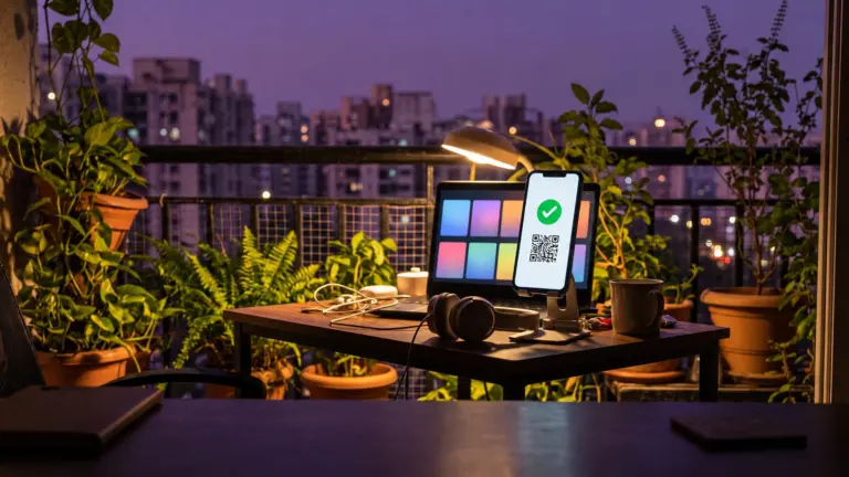 Phone on a balcony desk showing a QR payment success tick, a laptop with colourful store tiles behind at dusk