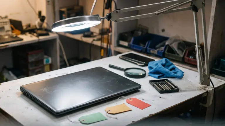Closed refurbished laptop under a bright inspection lamp with a magnifier, cloth, screwdrivers and coloured grading tags