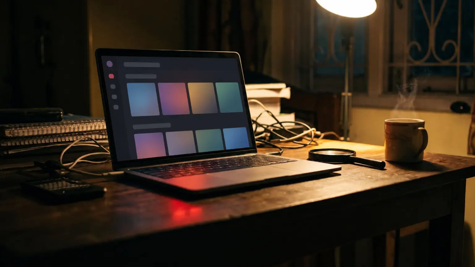 Laptop at night showing a dim store page of muted tiles, with a magnifying glass and a mug on the desk