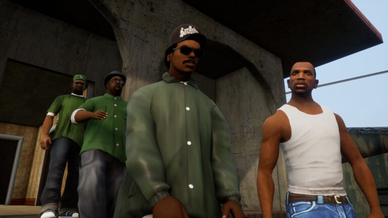 CJ standing with Sweet, Big Smoke and Ryder under a Los Santos bridge