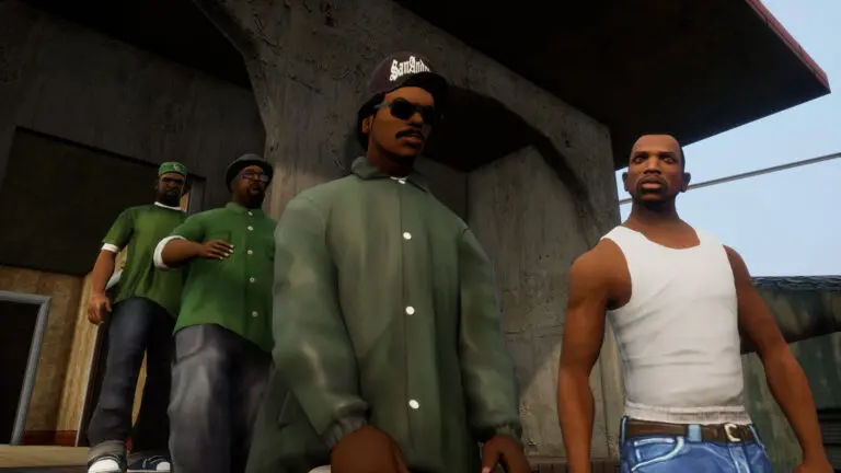CJ standing with Sweet, Big Smoke and Ryder under a Los Santos bridge