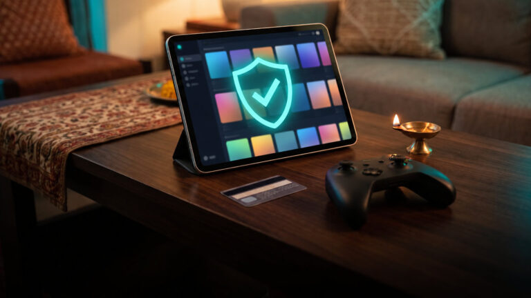 Tablet on a coffee table showing a teal shield with a check mark, a face down bank card and a controller nearby