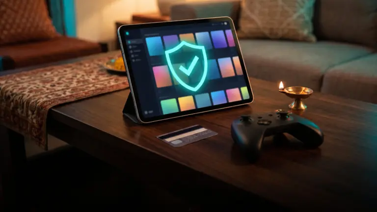 Tablet on a coffee table showing a teal shield with a check mark, a face down bank card and a controller nearby