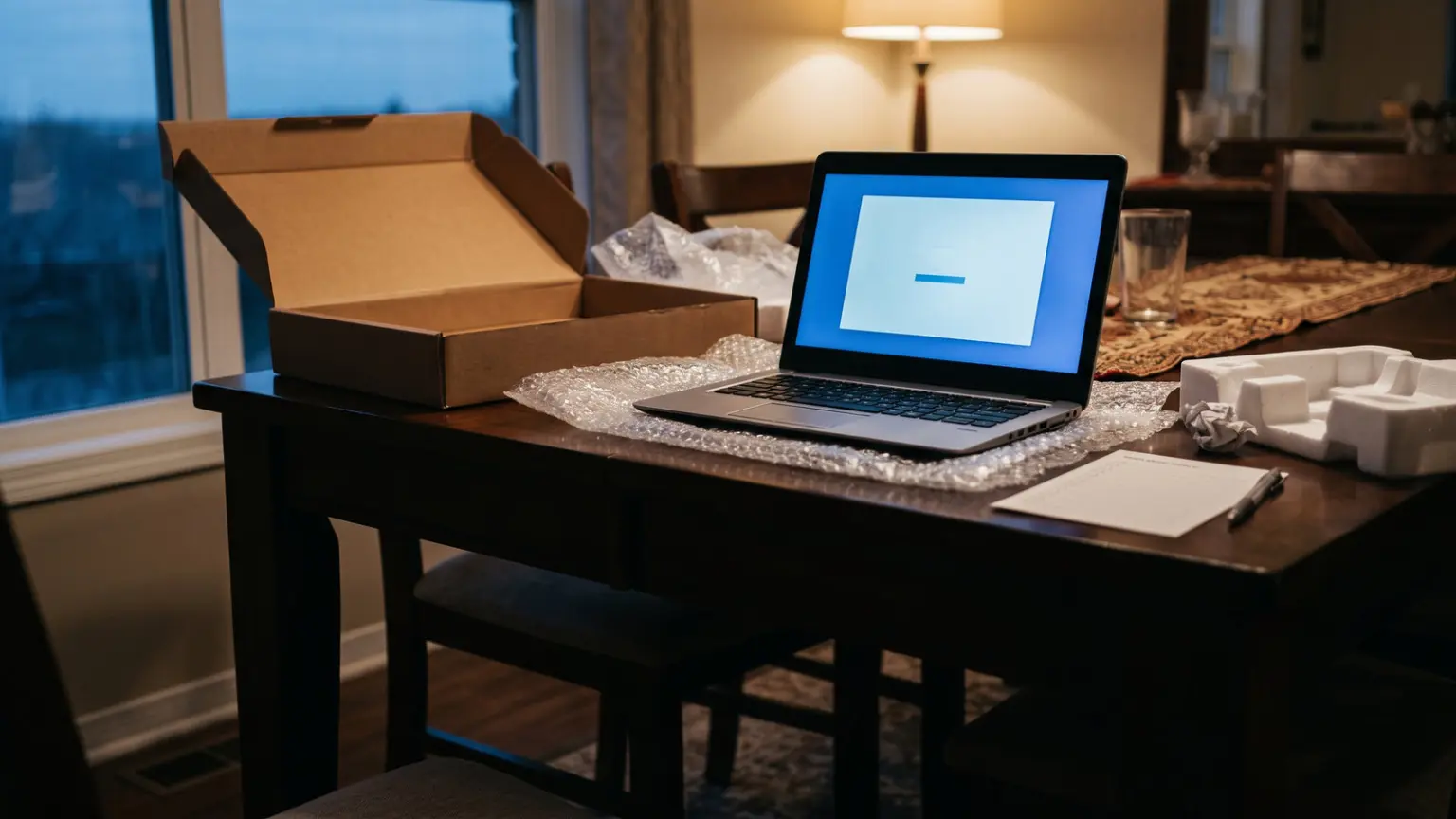 Refurbished laptop being unboxed from a shipping carton with foam and bubble wrap on a dining table at dusk