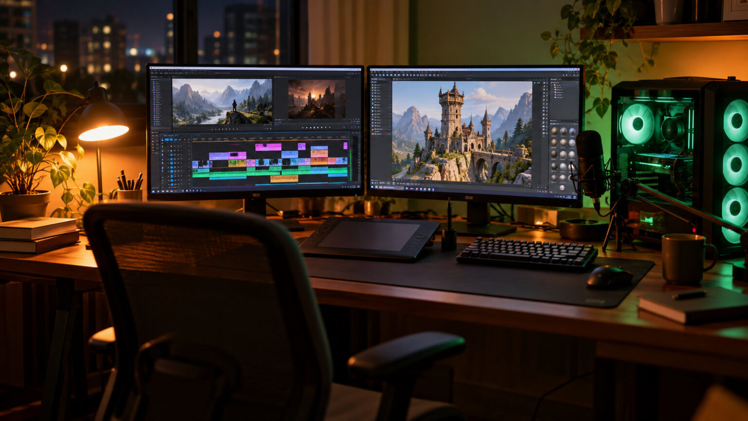 How to Make Money with a Gaming PC in India (2026): 12 Real Income Streams I've Tested or Seen Work 11 Dual monitor gaming PC showing a video edit and a 3D model with a pen tablet at night