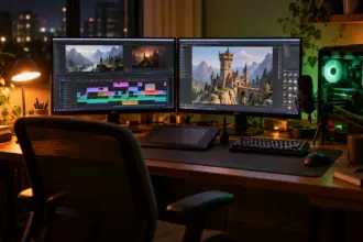 Dual monitor gaming PC showing a video edit and a 3D model with a pen tablet at night