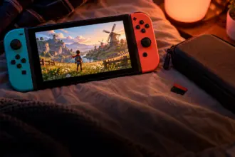 Handheld hybrid console with detachable side controllers on a hostel bed beside a carry case