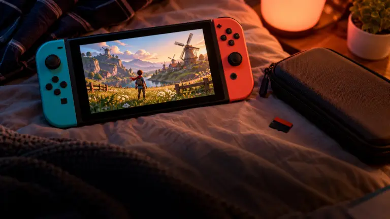 Handheld hybrid console with detachable side controllers on a hostel bed beside a carry case